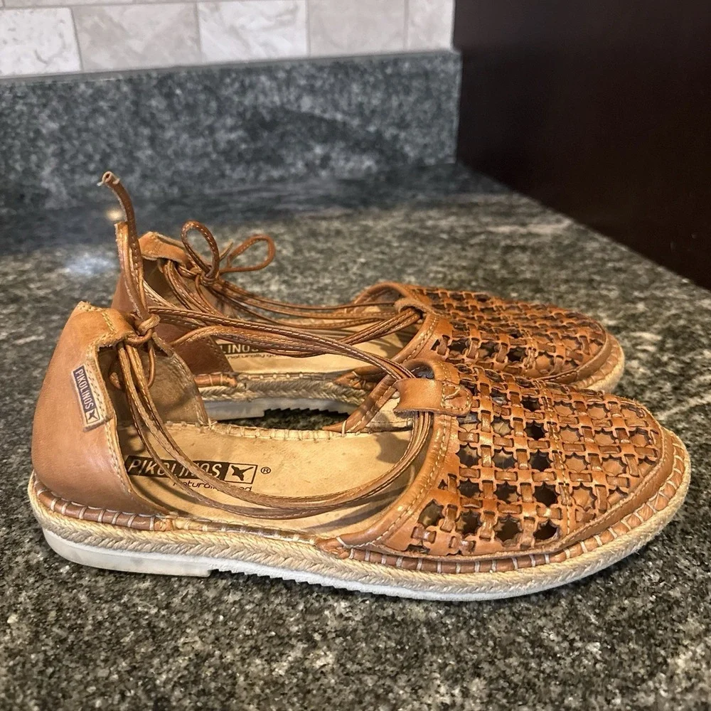 Pikolinos Sandals Women Brown Sz 6 EU 36 Cadamunt Leather Espadrille Flat Brandy